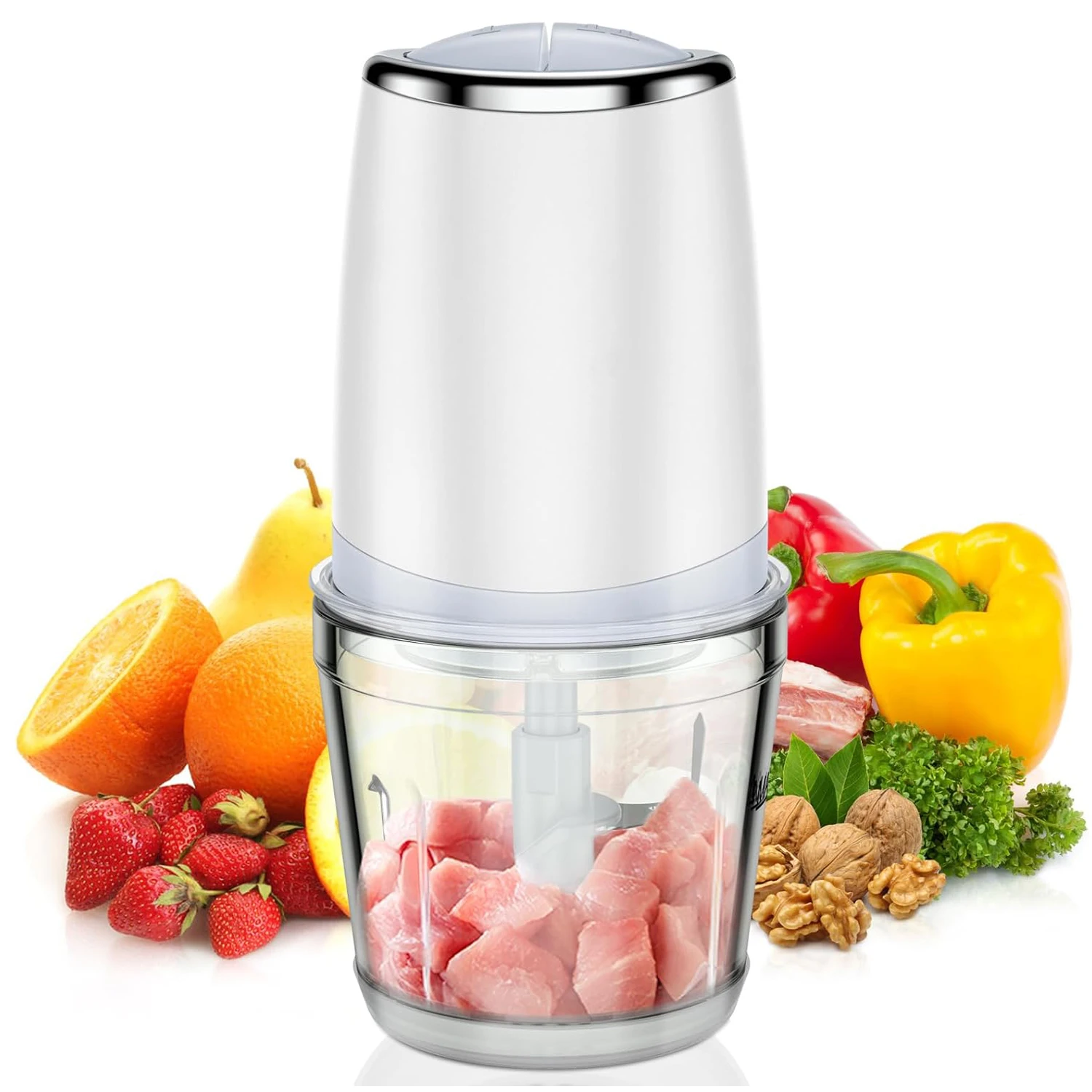 2 Speed Mini Food Chopper With Sharp Blades 2.5 Cup Glass Bowl, 300W, Ideal for Vegetables, Fruits, Nuts and More