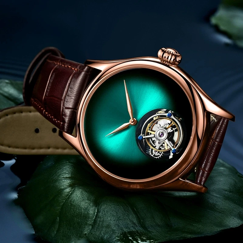 ساعة توربيون ماركة ايسوب ستانلس ستيل مقاومة للماء على الوجهين جوهرة زجاجية ساعة ميكانيكية عصرية 7009