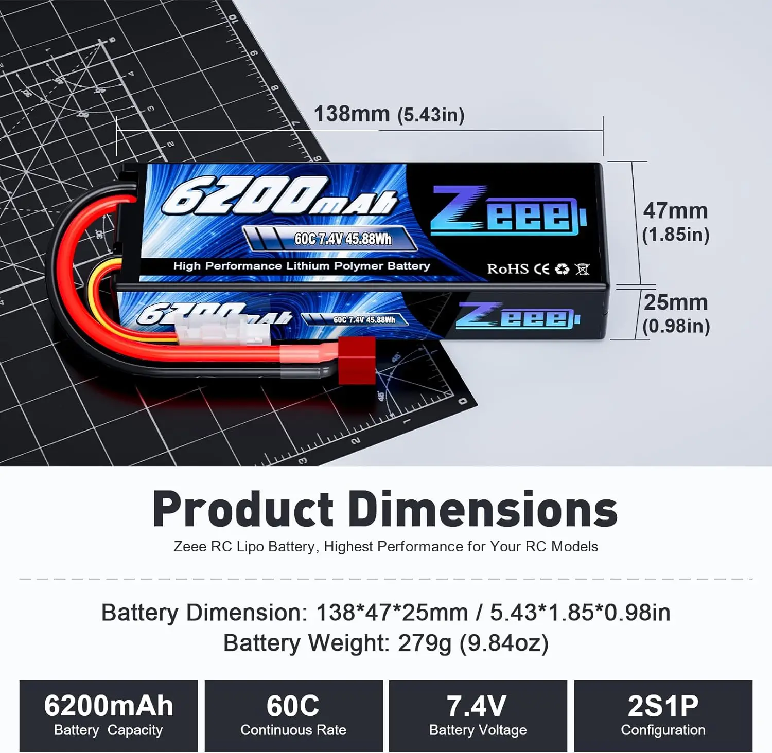 Zeee 2S Lipo 7.4V 60C 6200mAh RC batteria Hardcase con connettore Deans 2S RC Lipo batteria per veicoli RC auto camion Truggy Boat