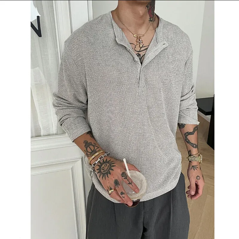 Spring Long Sleeved T-shirt Men Fashion Gray Black Casual T Shirt Men Korean Loose Round Neck T Shirt