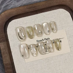 10Pcs Handmade Press on Nails Cat Eye Moon Decorations Aurora False Nails Short Almond Acrylic Wearable Manicure for Spice Girl
