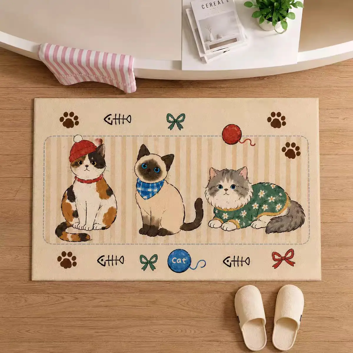 VIKAMA Cartoon Cats Pattern Area Rug for Bedroom, Eight Cats Soft Flannel Plush Non Slip Floor Mat, Funny Cat Doormat, Washable
