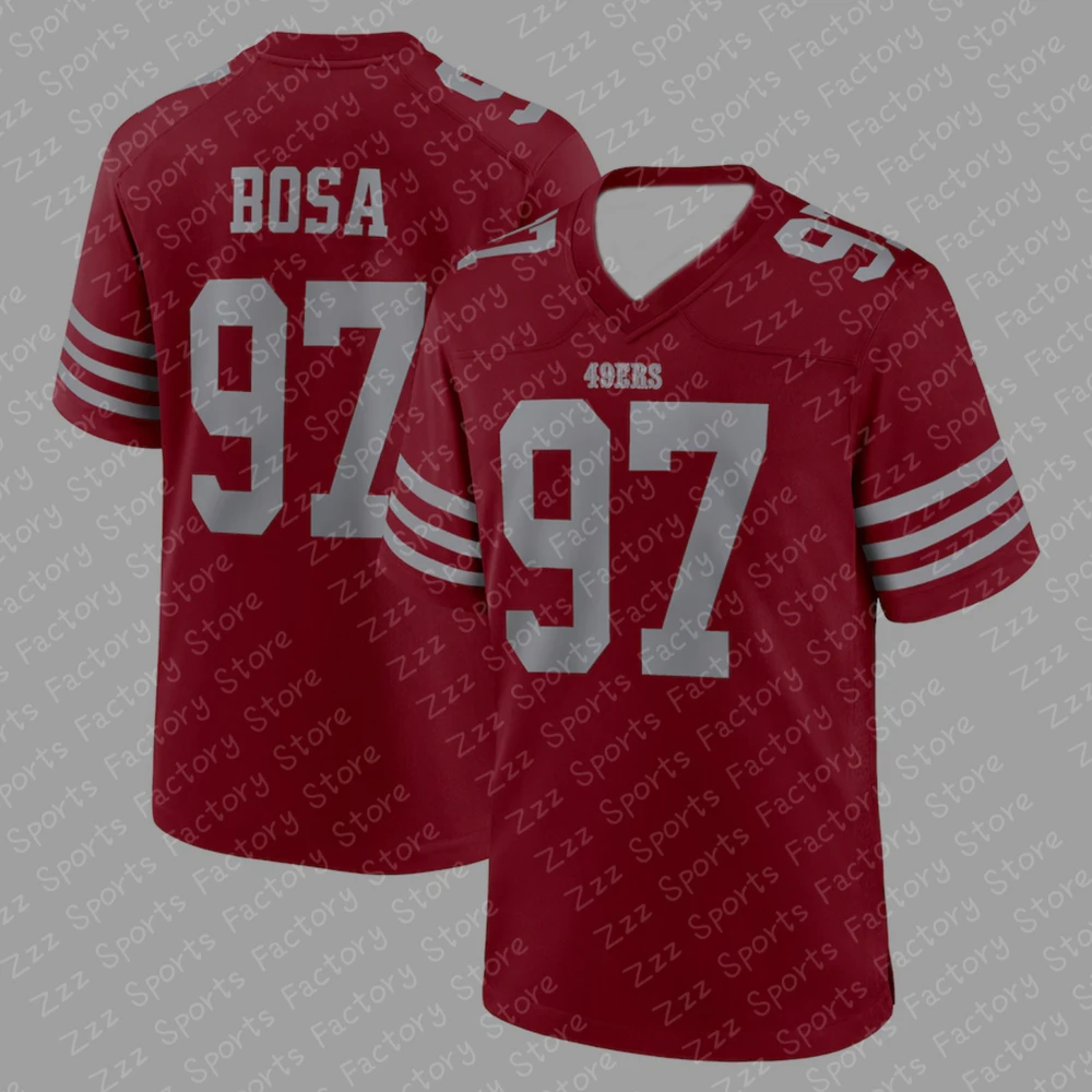 قميص الرجبي الرجبي الرجالي المشهور لعام 2024 من 49ers Nick Bosa # 97 وصل حديثًا زي كرة قدم خارجي سريع الجفاف وجيد التهوية للبالغين والأطفال