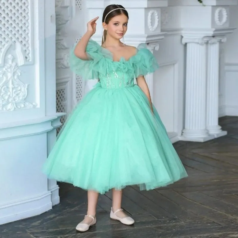 Green Flower Girl Dress For Wedding Tulle Beading Puffy Off Shoulder Bow Elegant Child First Eucharistic Birthday Party Dresses