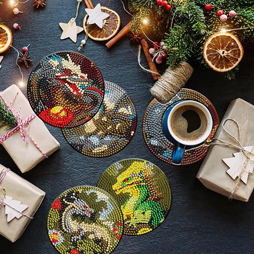 8 pieces/set Dragon Diamond Painting Cup Mat Set, DIY Cup Mat with Bracket for Beginners, Art and Craft Supplies Gift