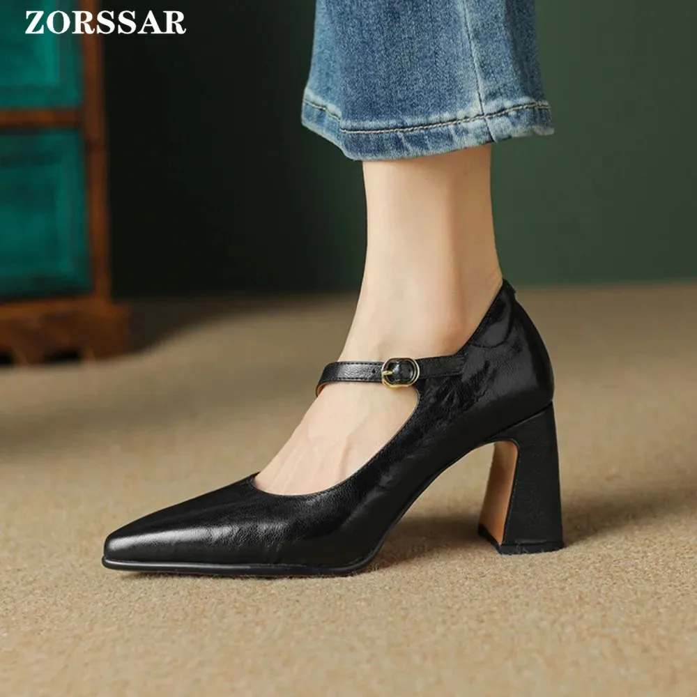 8cm Heels Black Brown Mary Jane Pumps Women Pointed Toe Heels Genuine Leather Shoes Chunky Heels Office Pump Eur Size 33-40