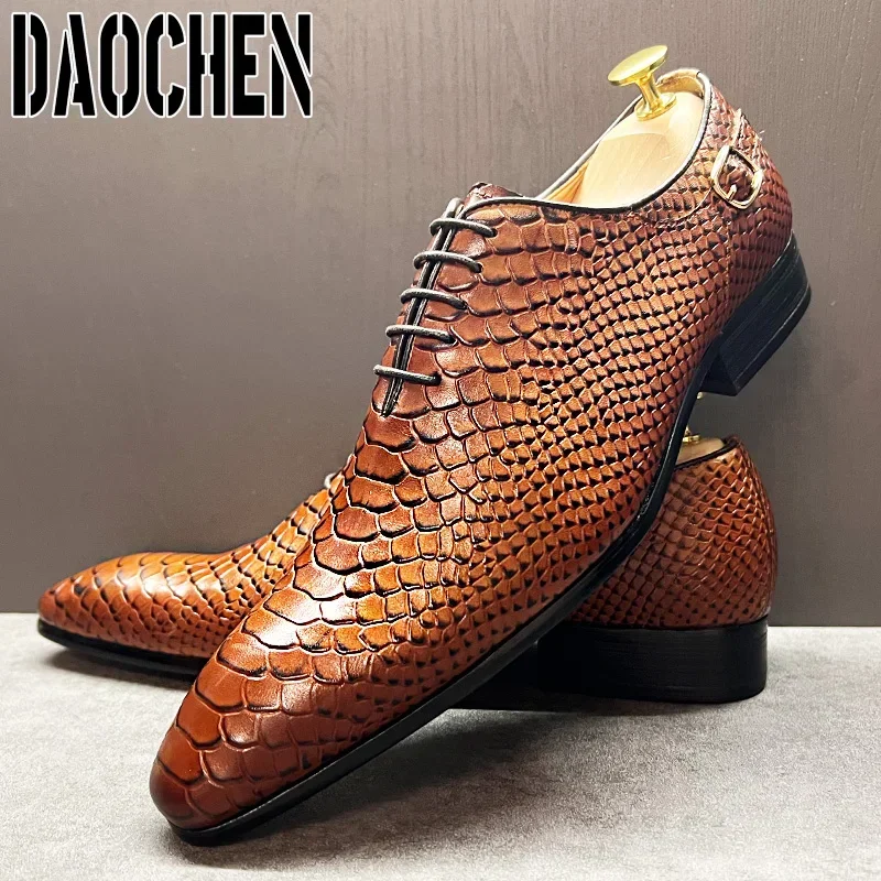 Luxury Men\'s Oxford Shoes Black Brown Snake Skin Print Casual Dress Man Shoes Lace Up Pointed Toe Leather Shoes For Men