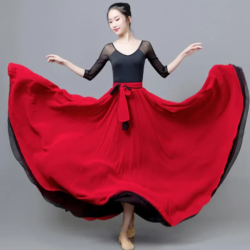 Jupe de danse en mousseline de soie double couche, grande balançoire, taille haute, robe de longueur de danse, double face, portable, 540