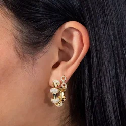 Micro paved cz paved gold color bamboo shape cz small Hoop Earrings for Women girl charm Geometric Round circle fashion jewelry
