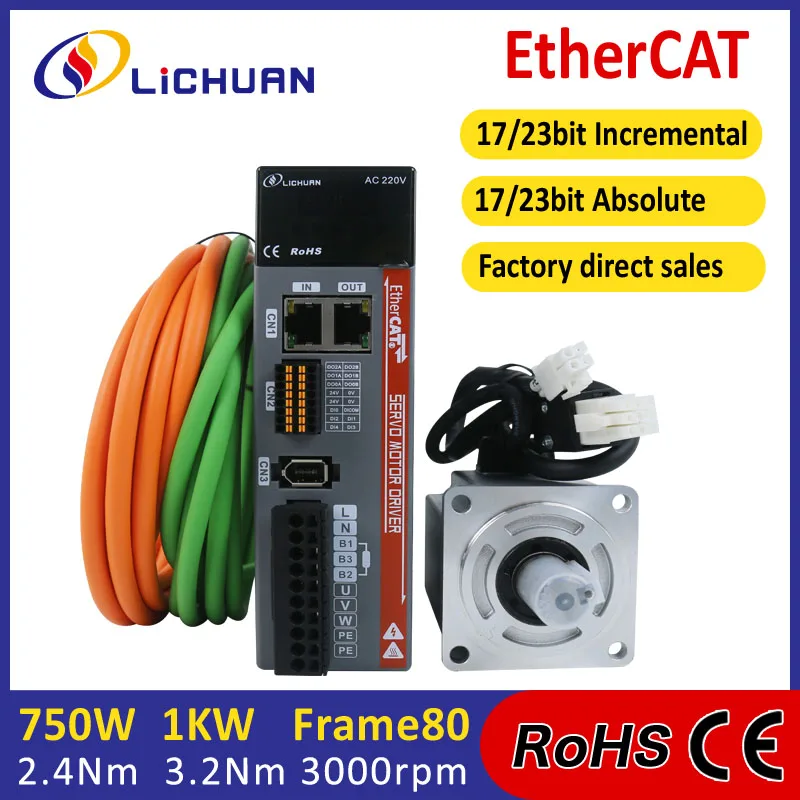 Lichuan Ethercat CNC servo motor 750W 1KW with servo driver controller LC10E 17bit 23bit absolute/ incremetal encoder servo kit