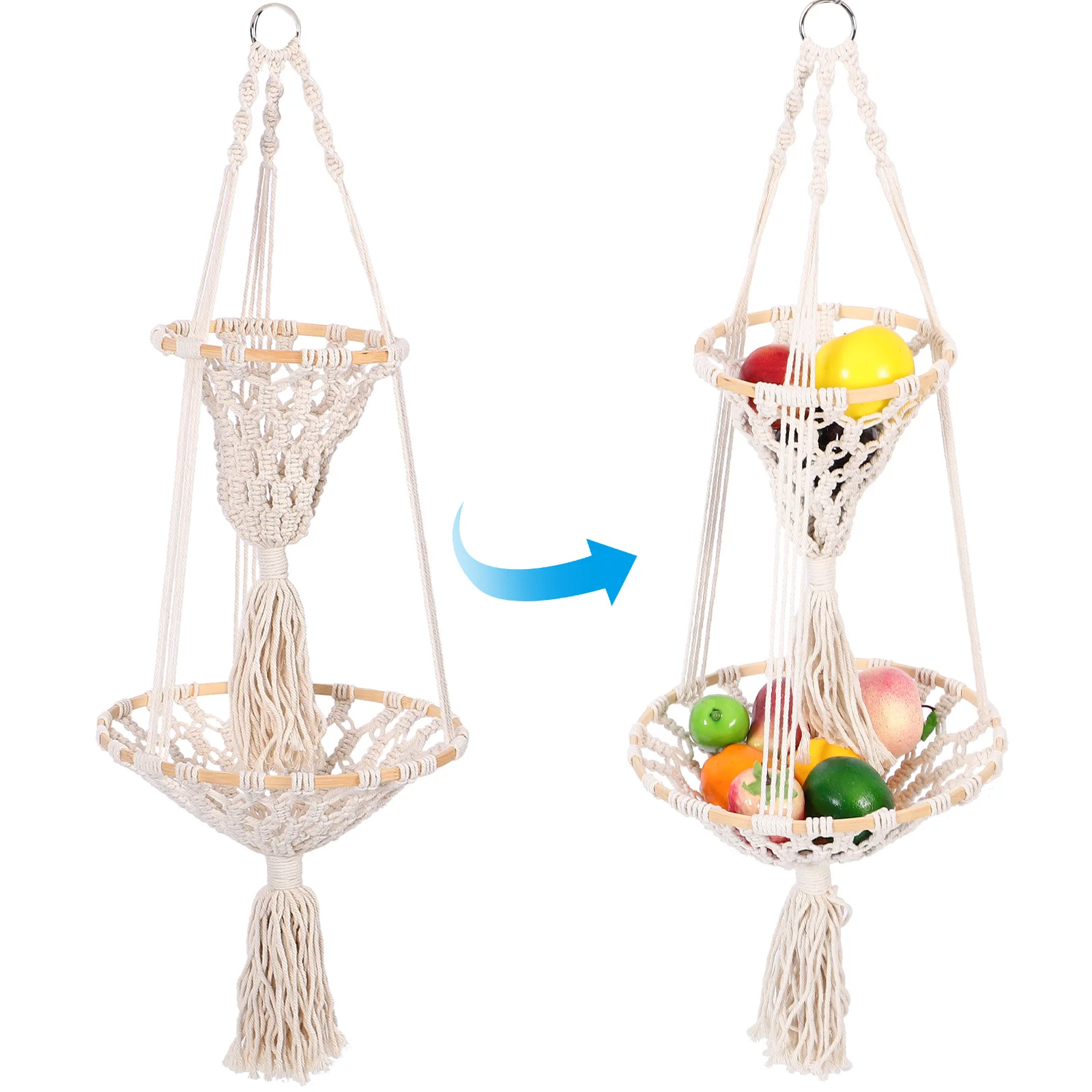 

Cotton Rope Woven Fruit Basket Bohemian Double Layer Hanging Storage For Kitchen Wall Potato Organizer Fruit Hanging