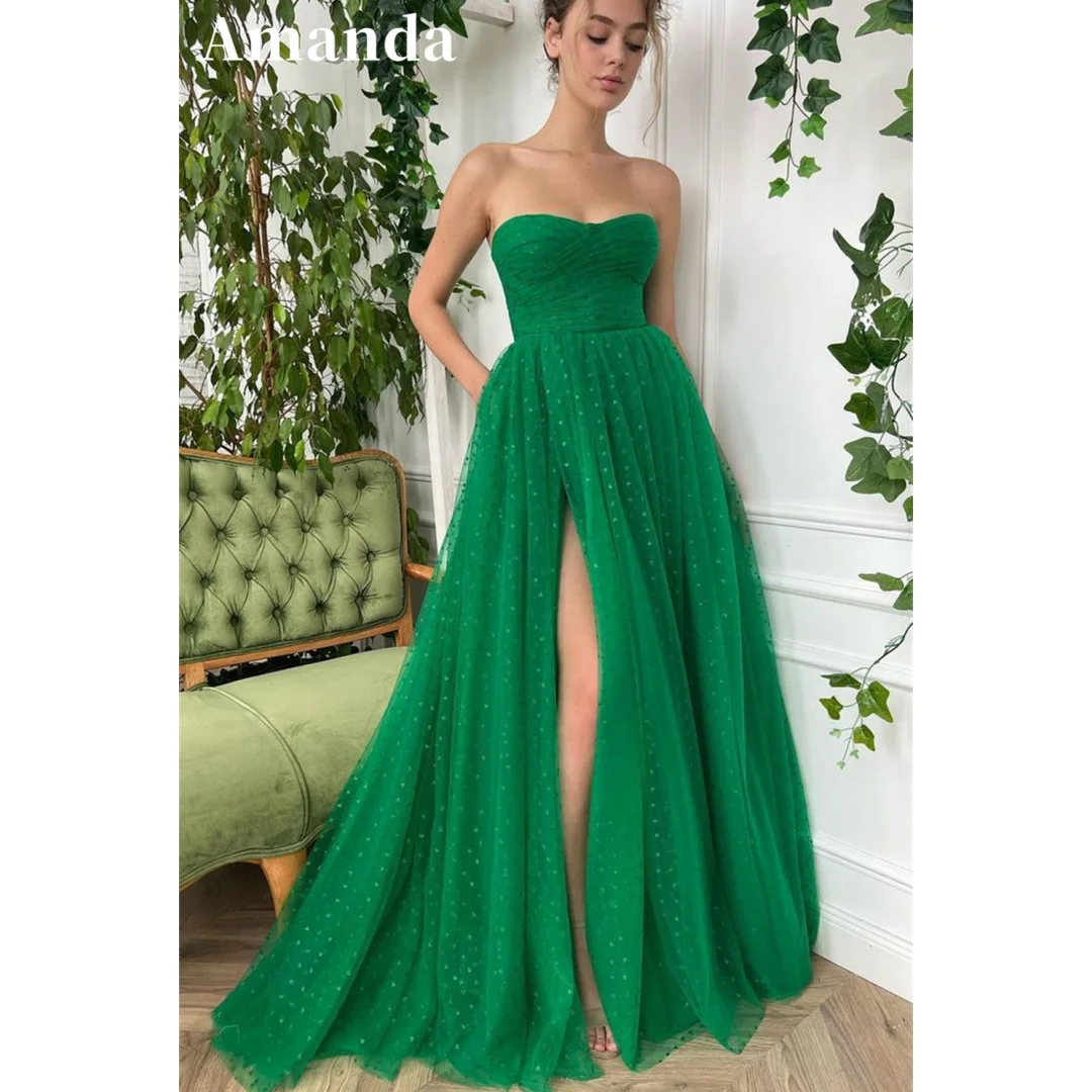 

Amanda Green Tulle vestidos de noche Strapless A-line Prom Dress Elegant Sleeveless Floor-Length Side Split Formal Evening 2024