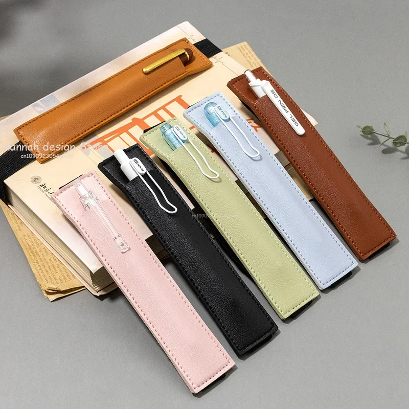Estuche para bolígrafos de cuero Vintage con correa segura que se fija a libros, cuaderno, estuche multifuncional, estuche para lápices portátil de piel de vaca