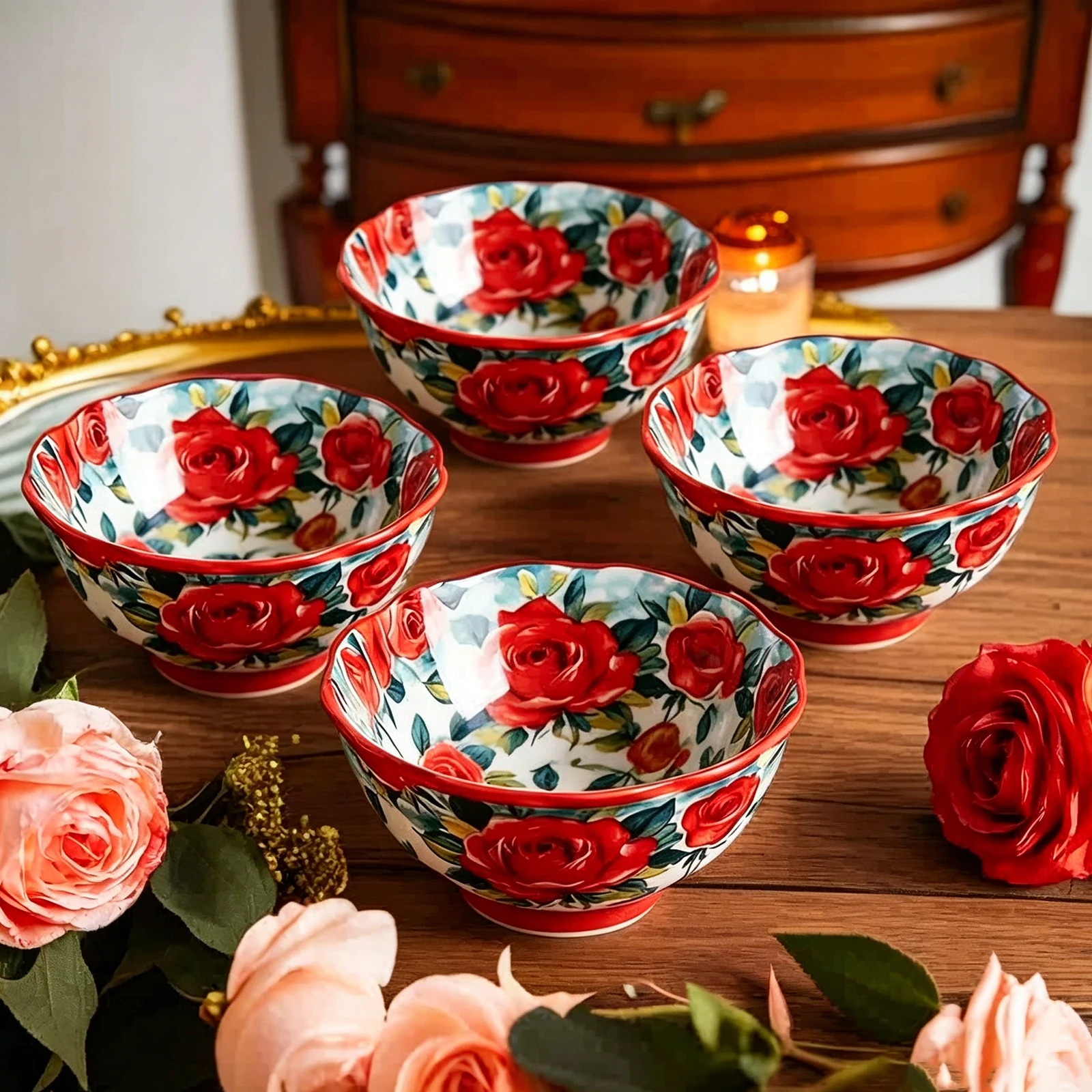 

6 Pieces, Creative Rose-Shaped Ceramic Bowls, Country-Style Rice Bowls, Sauce Bowls, Noodle Bowls, Soup Bowls, Home Kitchen and Dining Accessories, Picnic Party, Kitchen Supplies, Tableware, Gifts, Mother's Day, Father's Day Gifts