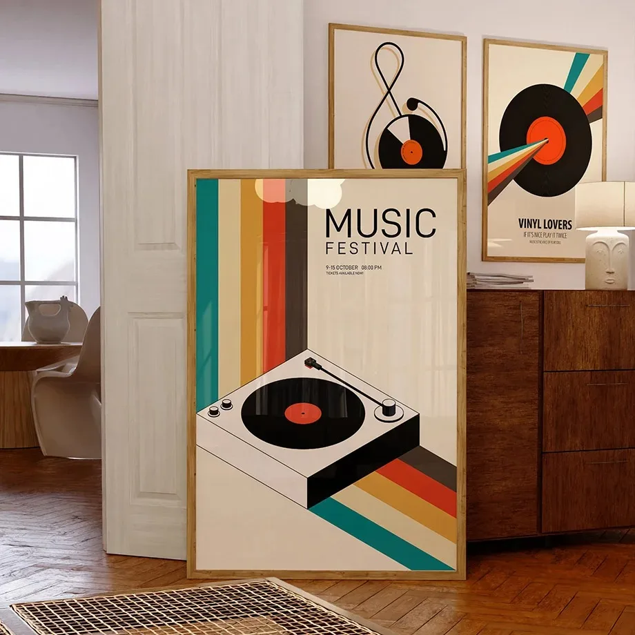 Retro Classical Music Vinyl Record Player Guitar Abstract Wall Art Canvas Painting Posters and Prints Wall Picture Living Room