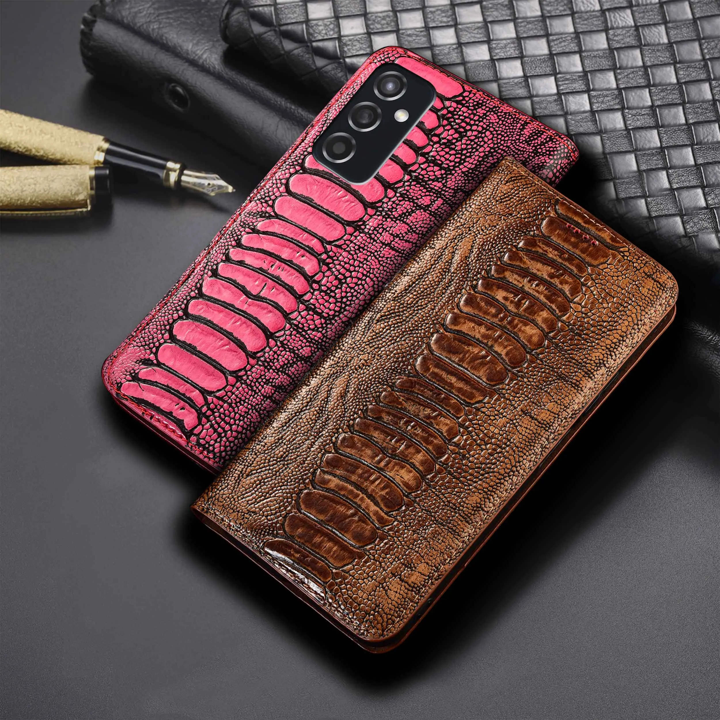 

For Samsung Galaxy M11 M21 M31 M31S M51 M12 M22 M32 M52 M62 4G 5G Ostrich Feet Pattern Genuine Leather Flip Phone Case Cowhide