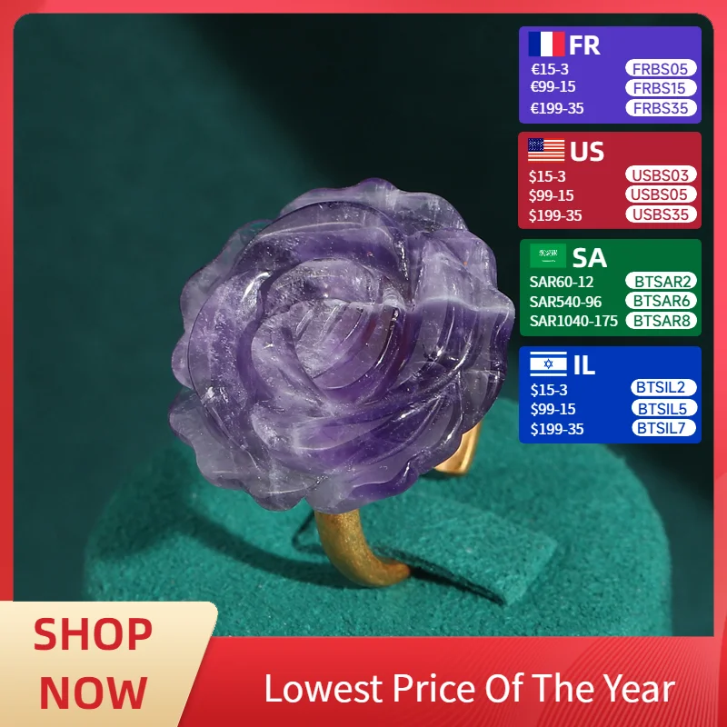 

Vintage Purple Crystal Rose Flower Ring Amethyst Natural Stone Handmade Carving Luxury Quality Jewelry Valentine Day Gift 2025