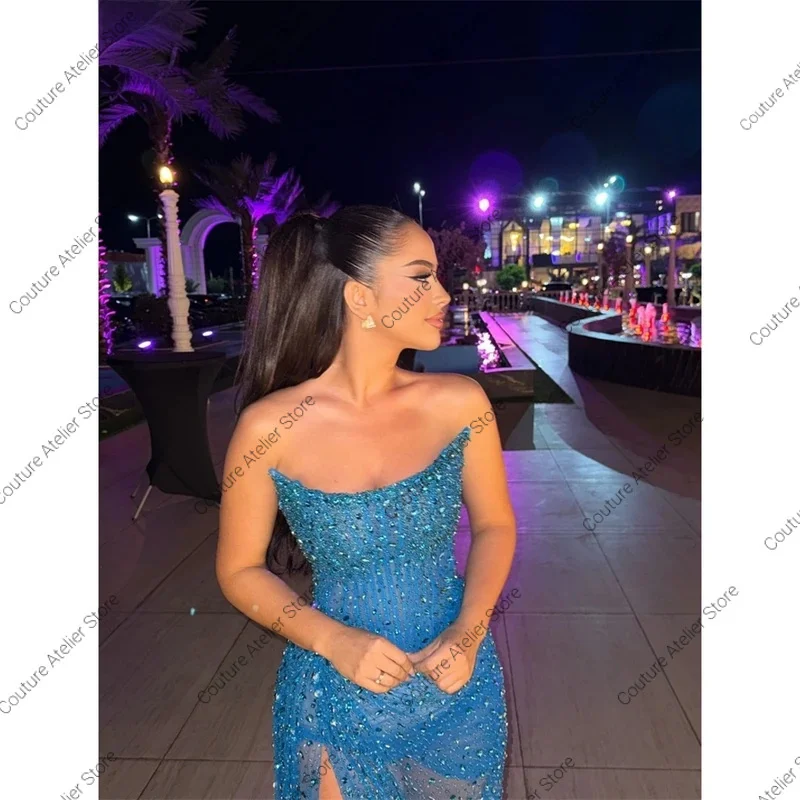

Customized Blue Side Split Corset Sleeveless Prom Dress Rhinestones Illusion Vestidos De Noche Floor-Length Formal Gown