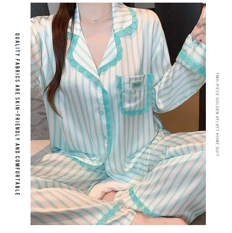 Korean version sweet ice silk loose and comfortable lace home clothes pajamas striped comfortable long sleeved women's pajamas