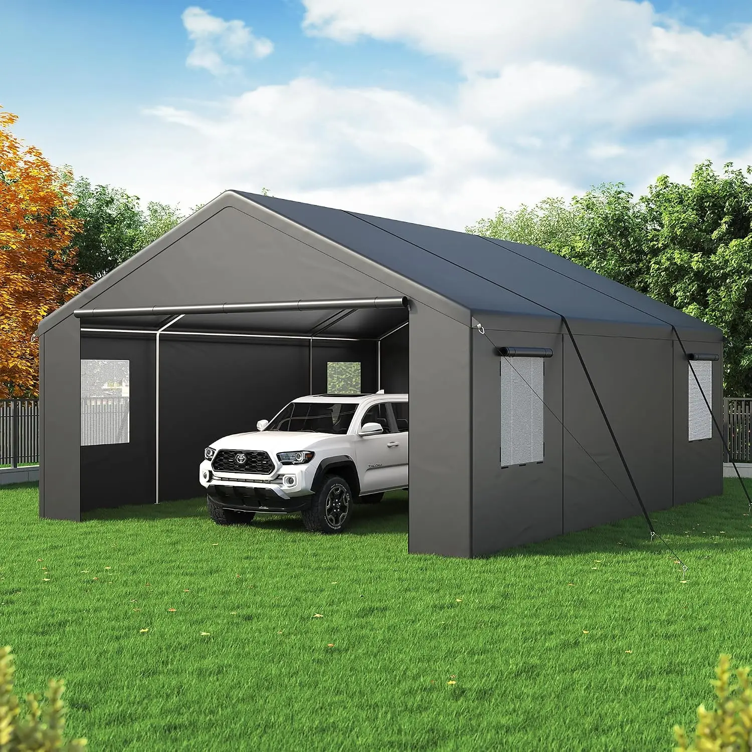 20x20 FT Heavy Duty Carport with All-Season Tarp, Portable Car Tent Garage with Roll-Up Windows & Side-Opening Door,Custom
