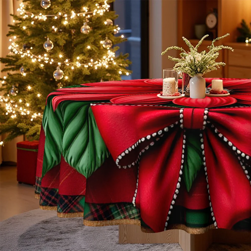 1 piece, round tablecloth, Christmas flowering plant theme