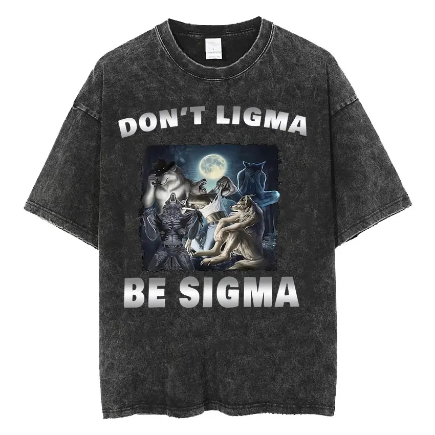 Vintage Washed Don't Ligma Be Sigma Funny Wolf Meme Tee Shirt Mens Clothing Harajuku Fashion Oversized T-shirt Unisex Streetwear