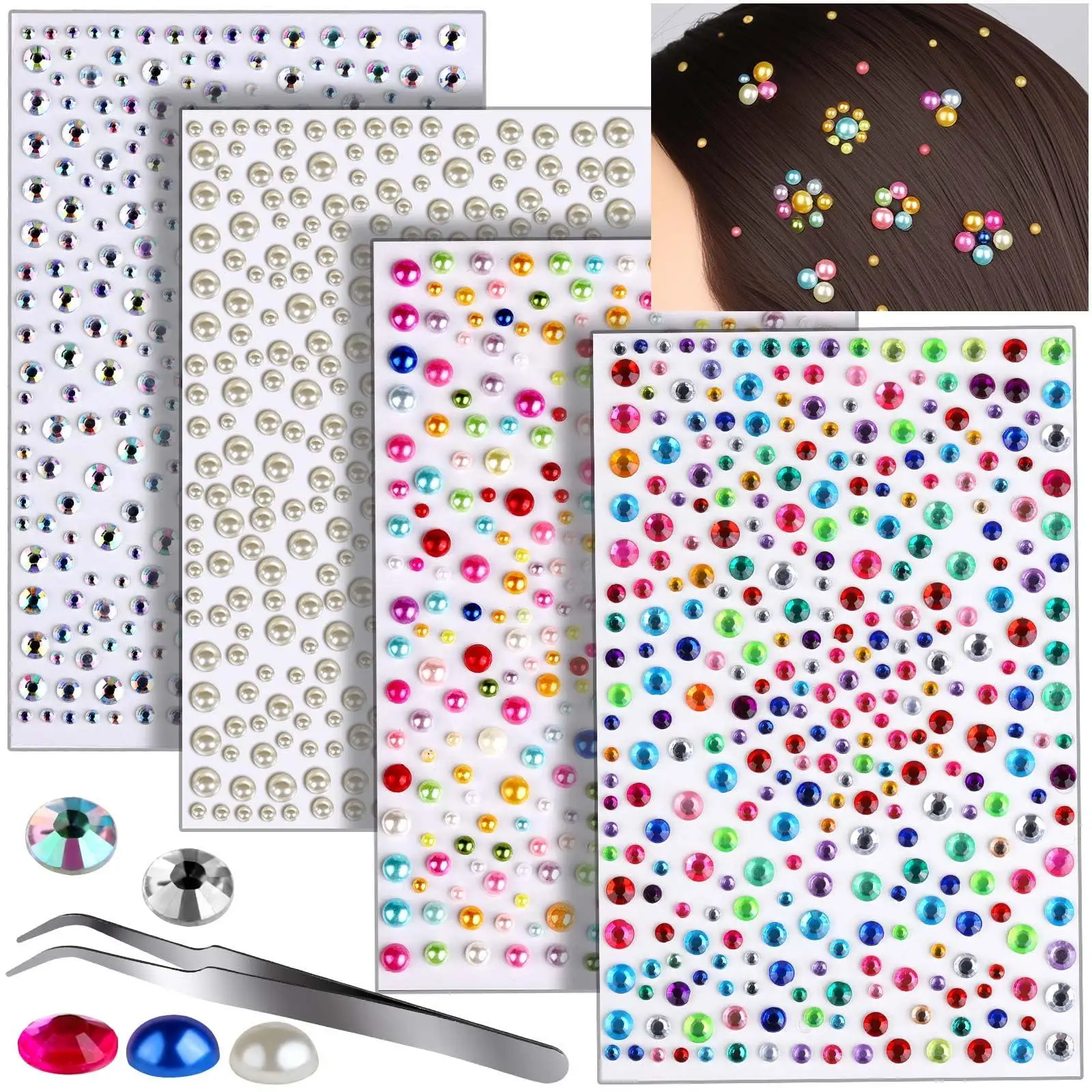 4 Sheets Self-Adhesive Rhinestone Stickers Face Gems Hair Pearls Rhinestones for Makeup Face Jewels Hair Jewels With Tweezers