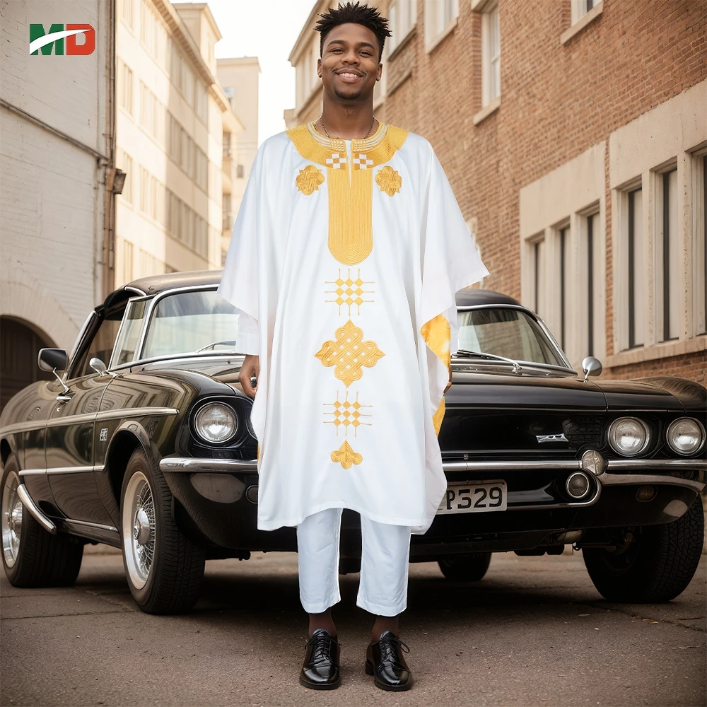 

MD Африканский мужской традиционный комплект одежды из 3 предметов, белый халат Agbada с вышивкой, большие размеры для свадебной церковной фестивальной церемонии