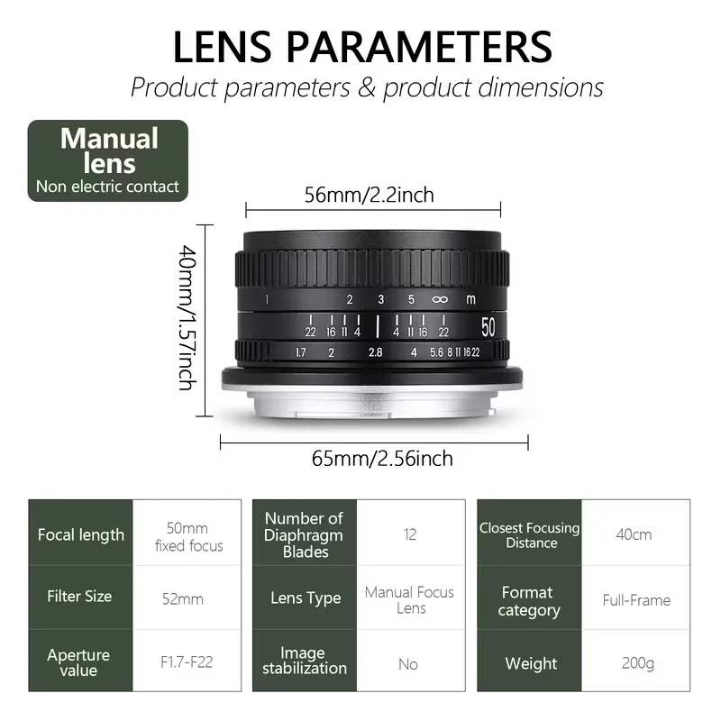 50mm F1.7 Full Frame Large Aperture Manual Focus Lens Compatible with Canon EF, Nikon F Mount DSLR Cameras Multi Layer Coatings Optical Glass Portrait Lens