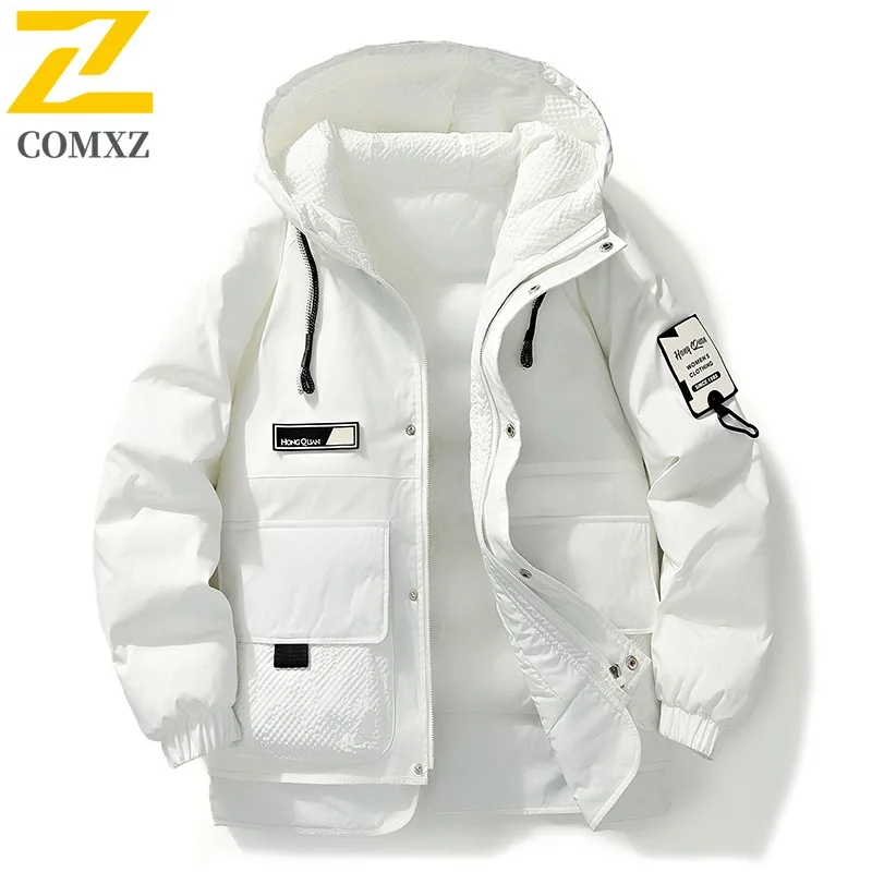 

COMXZ Men Travel Down Jacket Premium Hooded Outdoor Cozy Windproof Parka Solid Tone Design Hiking Lightweight Winter Coat