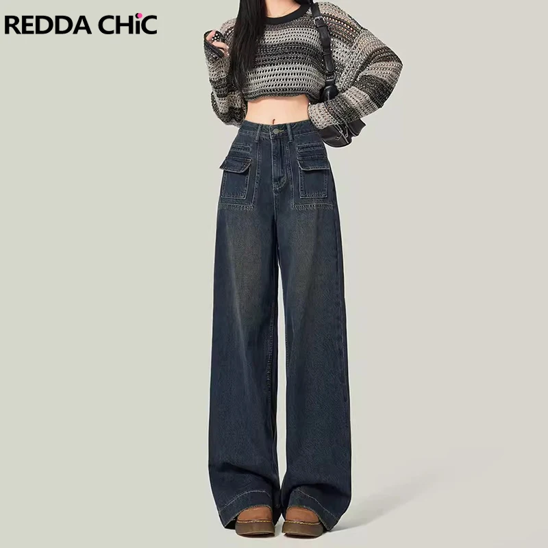 

REDDACHiC Women's Baggy Jeans with Flap Pockets High Rise Straight Casual Wide Pants Y2k Retro Skater Trousers Korean Streetwear