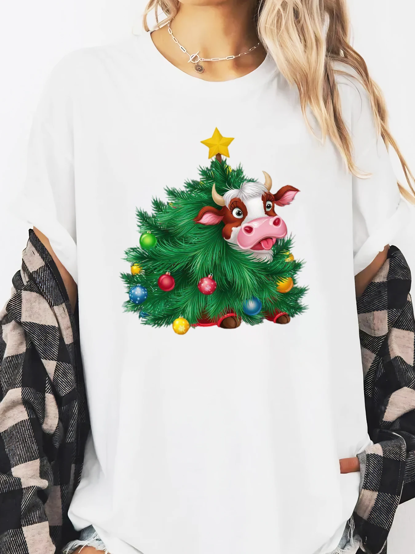 소 크리스마스 트리 프린트 홀리데이 티셔츠 여성 캐주얼웨어 축제 파티 화이트 플러스 사이즈