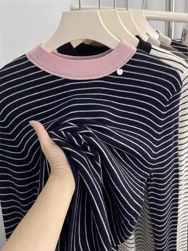 

plus Size 300 Pou Soft Woolen Striped Knitwear Women Loose Slimming Base irt Korean Sle Commute Faion Polyester Fiber