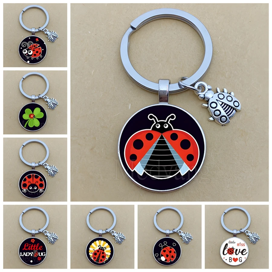 Creative Cartoon Ladybug Keychain Cute Ladybird Glass Convex Round Keychain Men and Women Car Keychain Gift