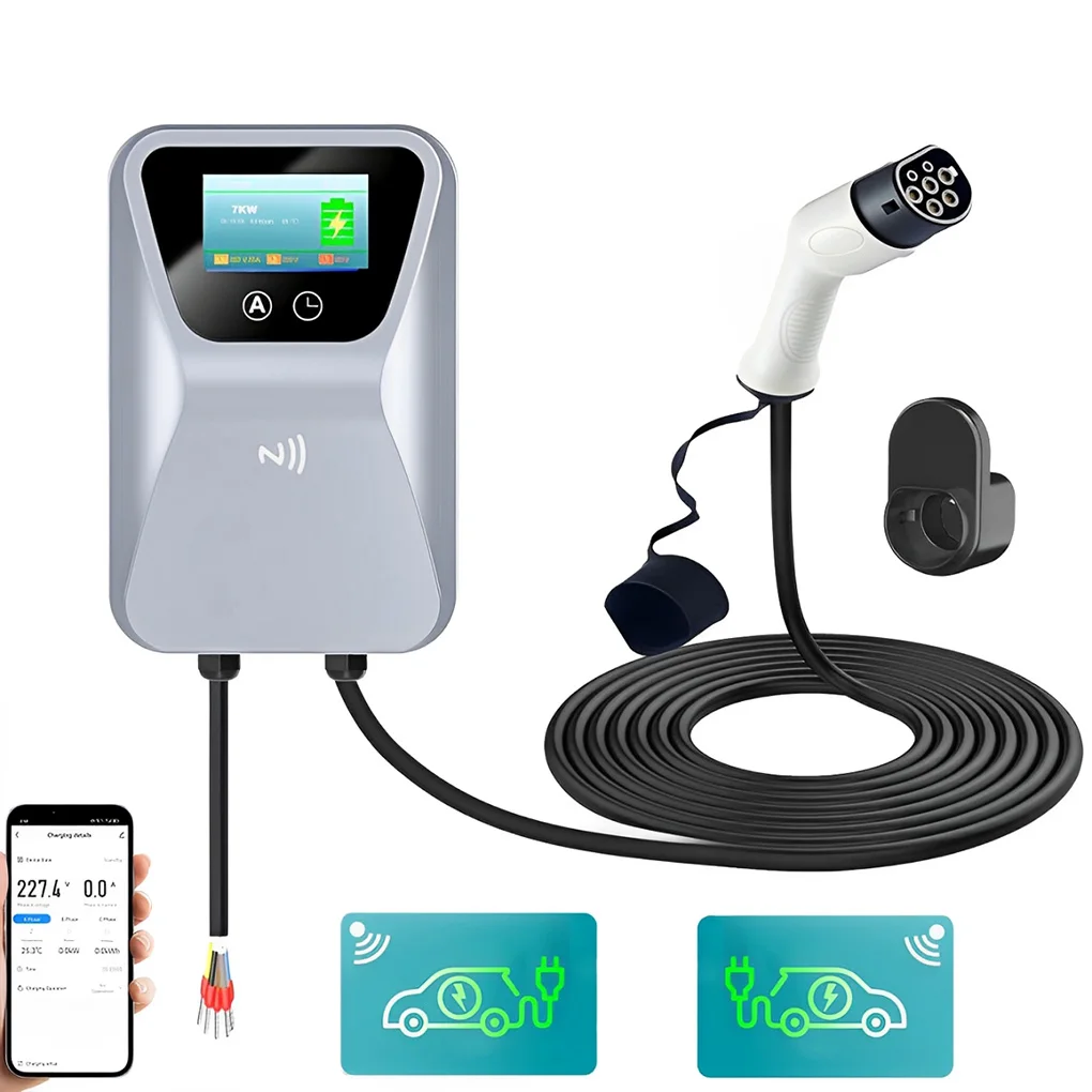 7KW 32A Large 4.3Inch Screen EV Charging Station Type-2 1Phase EV Charging Station APP Control ACDC 6mah Leakage Function