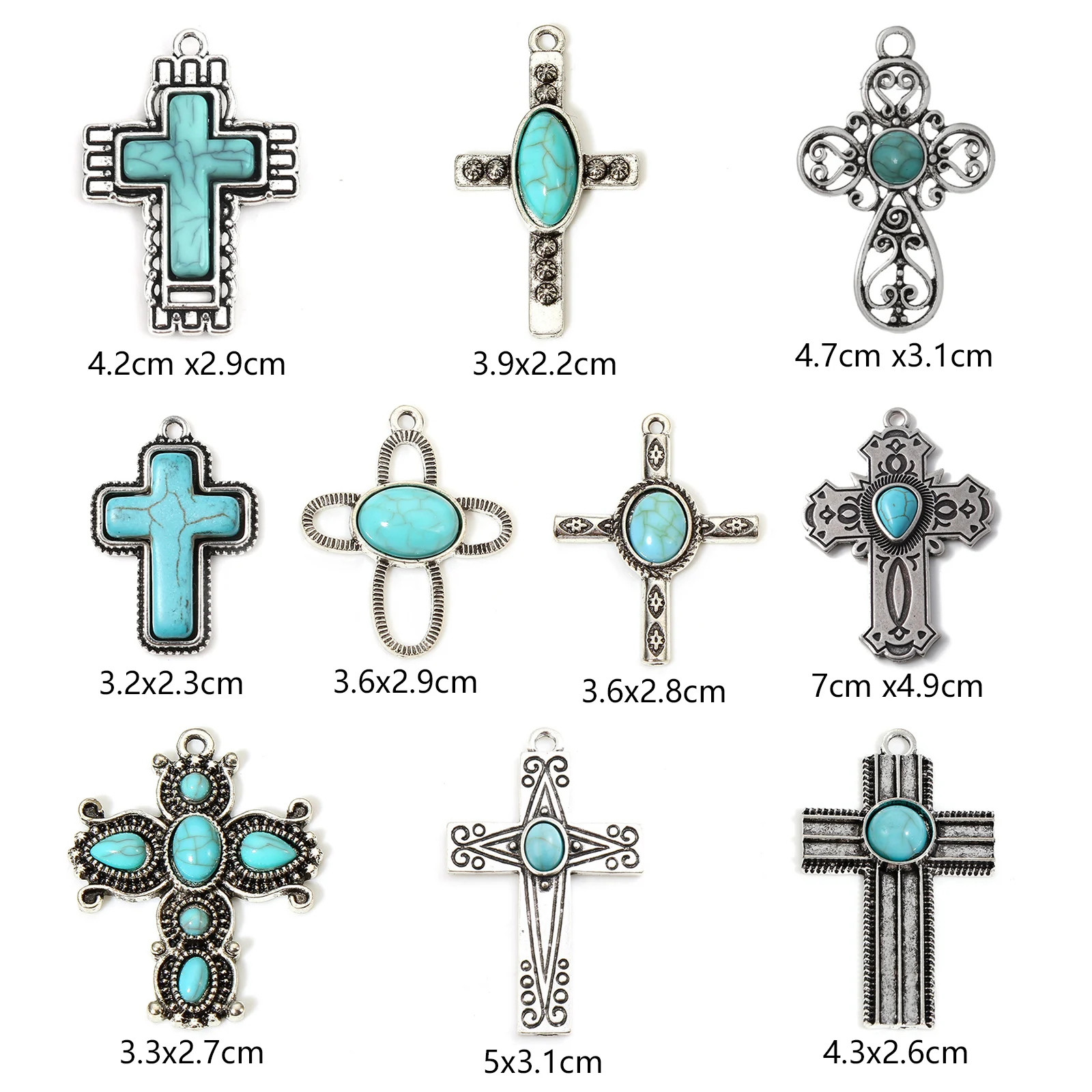 5pcs Bohemian Pendants Antique Silver Color Cross Resin Cabochons Imitation Turquoise Charms DIY Necklace Earrings Women Jewelry