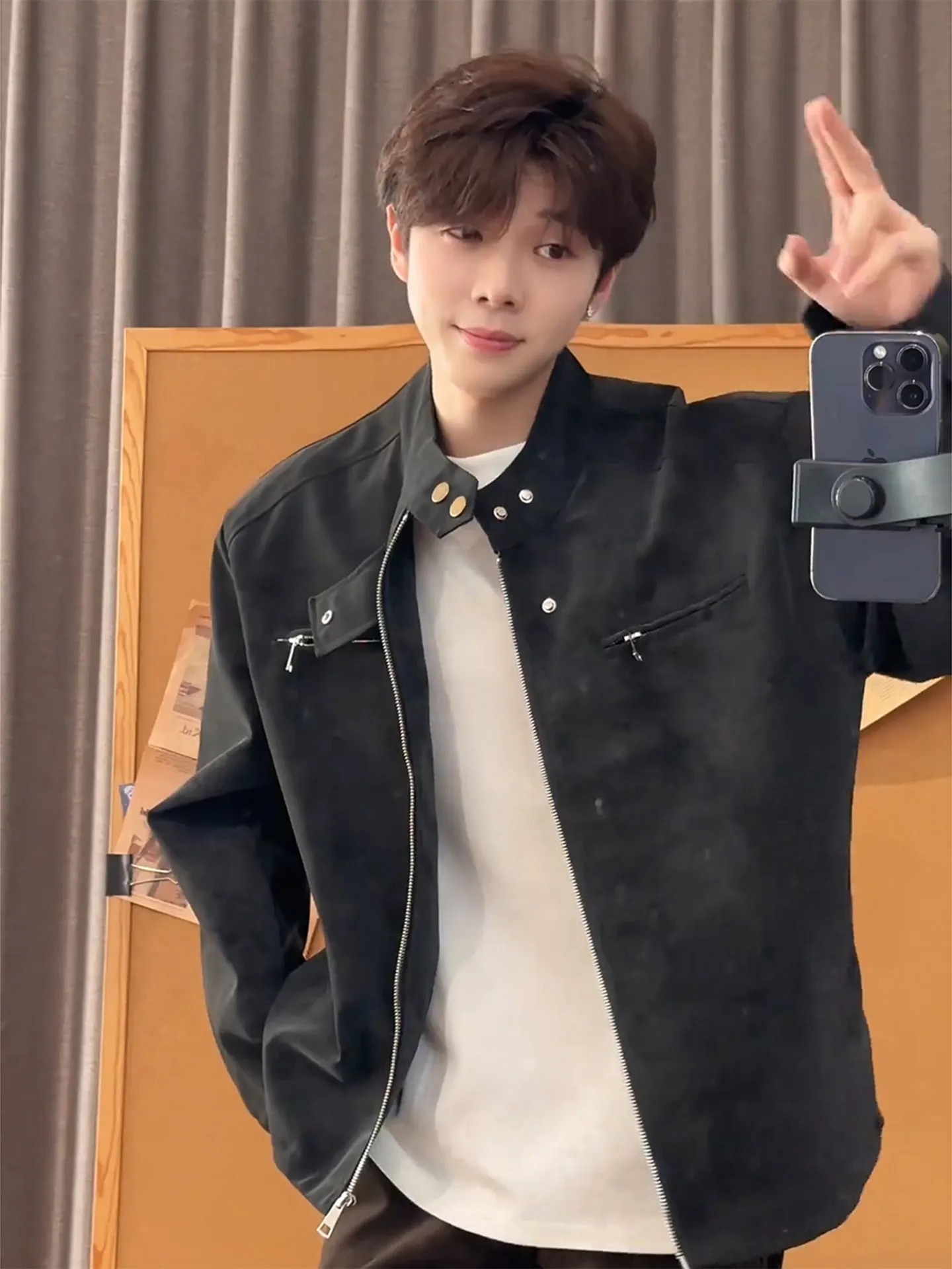 Retro Motorcycle PU Leather Jacket Men's Short Style Faded Baseball Coat Workwear Stand Collar Autumn Fashion Outerwear