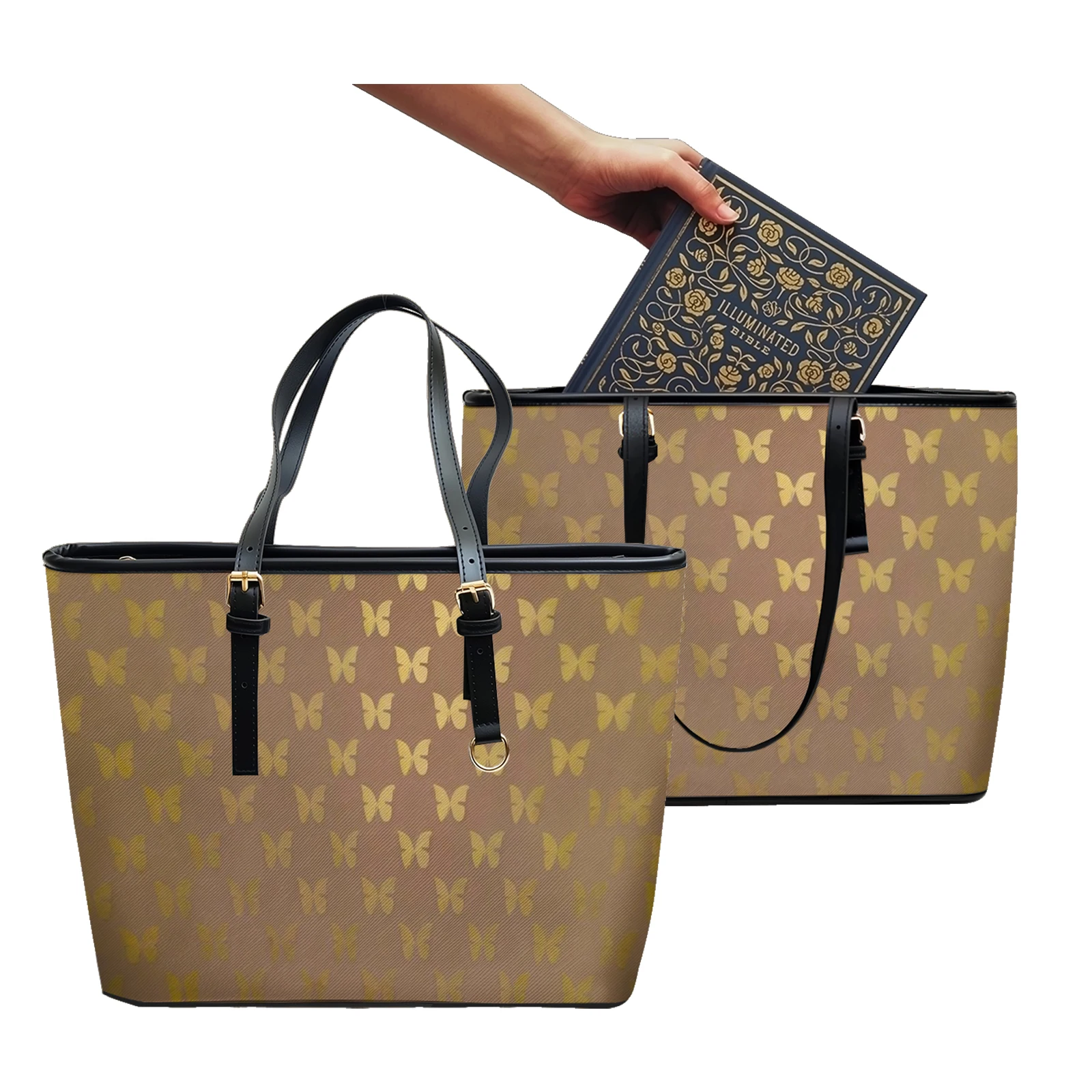 Golden Butterfly Printed Oxford PVC Leather Shoulder Bag Zipper Lightweight Tote Daily Use Convertible Work Weekend Purse