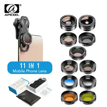 APEXEL 11 in 1 휴대폰 카메라 렌즈 키트, 어안 와이드 렌즈, 풀 컬러그라드 필터, CPL ND 스타 필터, 아이폰 샤오미 모든 스마트폰용