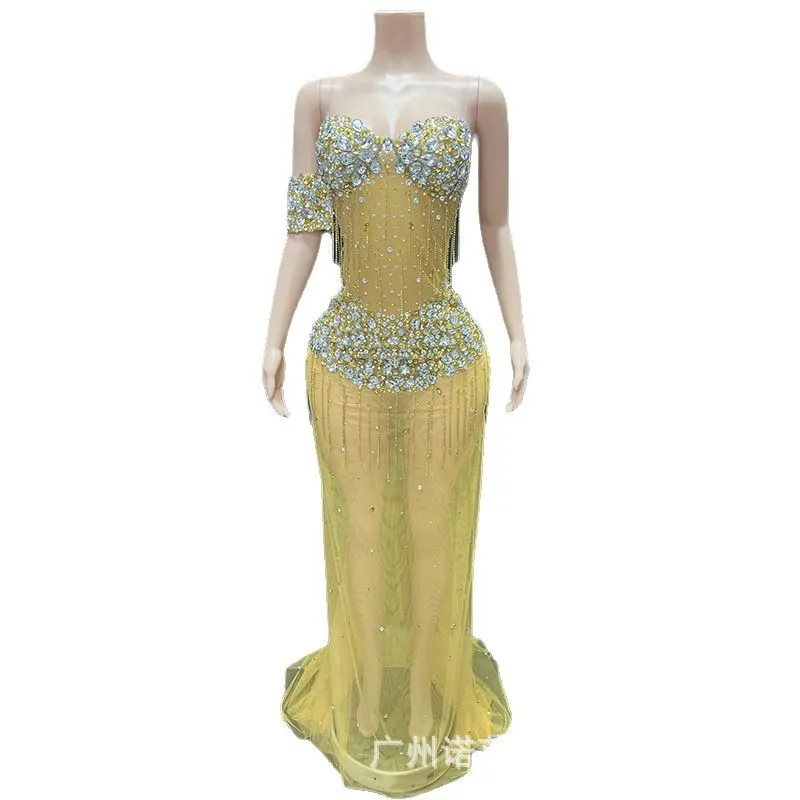 Luxury Rhinestone Sexy Perspective Mesh Dress Fashion Ball Ladies Birthday High-end Dress Vestidos Largos Elegantes Fiesta Mujer