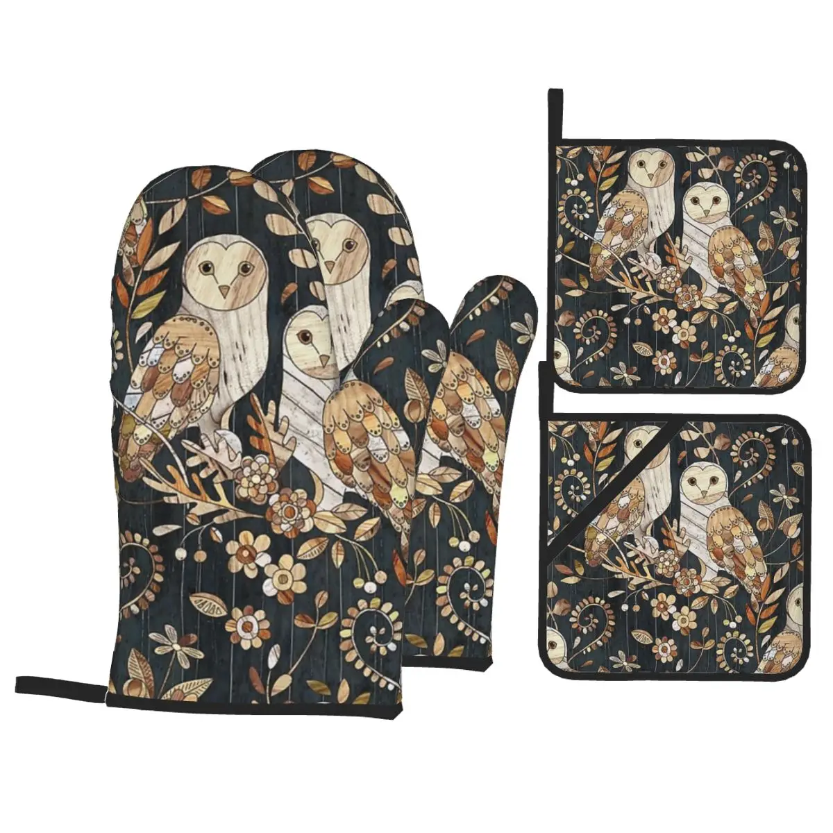 

Owl Collage Oven Mitts and Pot Holders Sets of 4,Resistant Hot Pads with Polyester BBQ Gloves for Kitchen,Cooking,Baking