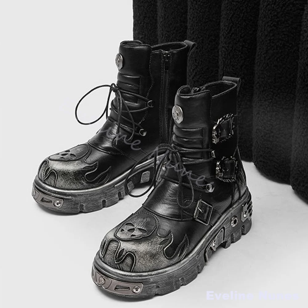 Silver Vintage Flame Skull Platform Motorcycle Boots Men New Metal Buckle Rivet Ankle Boots Punk Rock Gothic Street Combat Boots