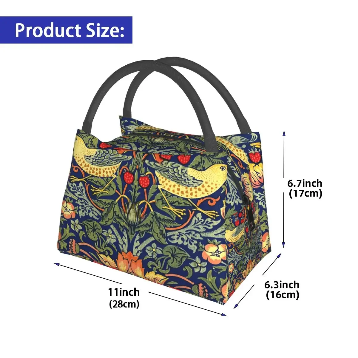 William Morris Strawberry Thief Lunch Bags Insulated Bento Box Waterproof Lunch Tote Resuable Picnic Bags for Woman Kids Travel