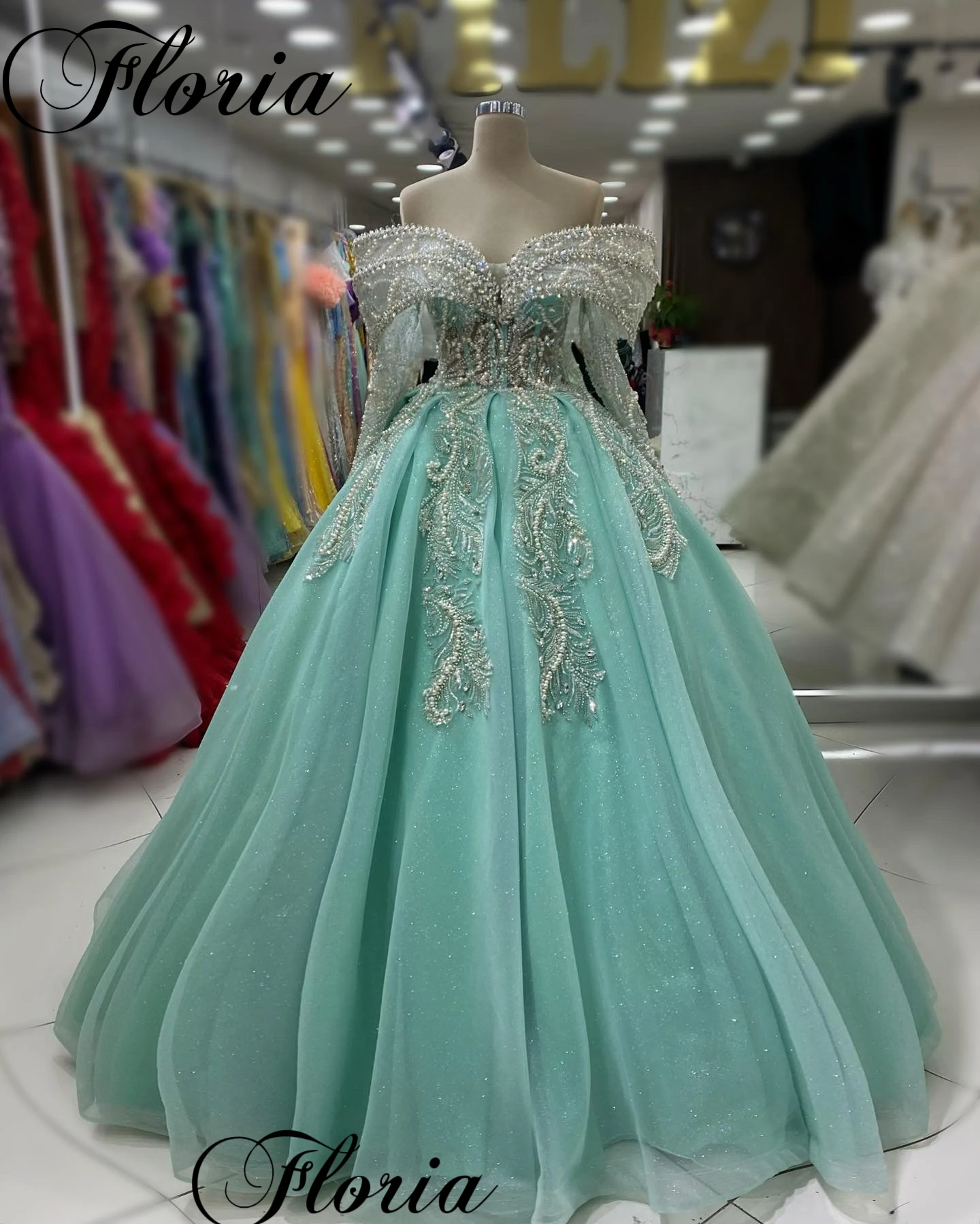 

Mint Green Modern Evening Dresses A-Line Off Shoulder Elegant Grand Party Dresses With Crystals Vestidos De Gala Celebrity Dress