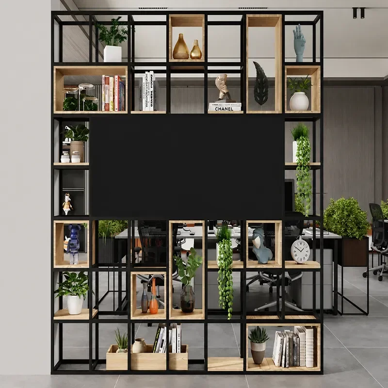 Wrought Iron Hollow Screen Partition Cabinet for Office Front Desk Entrance Porch Storage Background Frame Company Image Wall