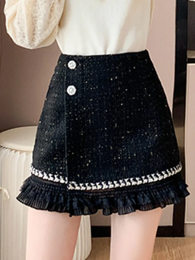 Celebrity Small Fragrant Style Elegant Ladies Lace Spliced Thick Tweed  Skirt Women's High Waist Woolen Mini Skirt Saia Feminina