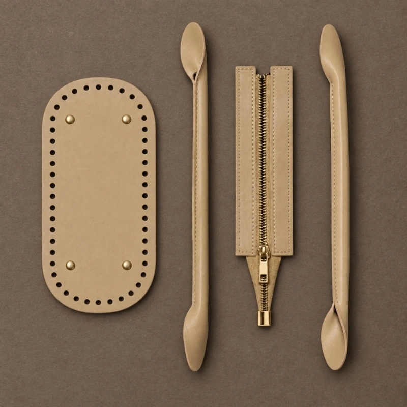 Handbag Repair Set with Perforated Panel Edges, Zipper Closure, and Base Hardware for DIY Bag Assembly Projects
