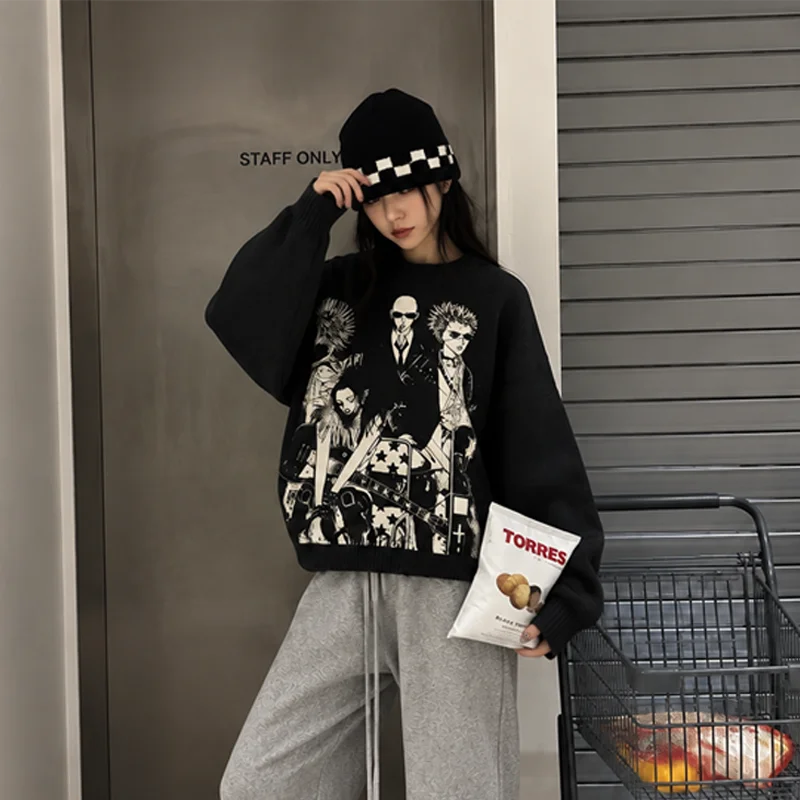 Women's Jumper Black White Graphic Print Ribbed Cuffs Crew Neck Long Sleeve Loose Knit Sweater Y2K Casual Streetwear Top