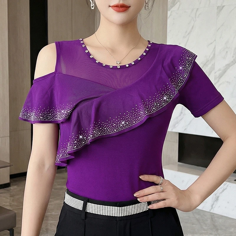 Summer 2026 New Short Sleeved O-Neck Women's T-Shirts Elegant Elastic With Hot Diamond Hollow Out Ruffle Mesh Top