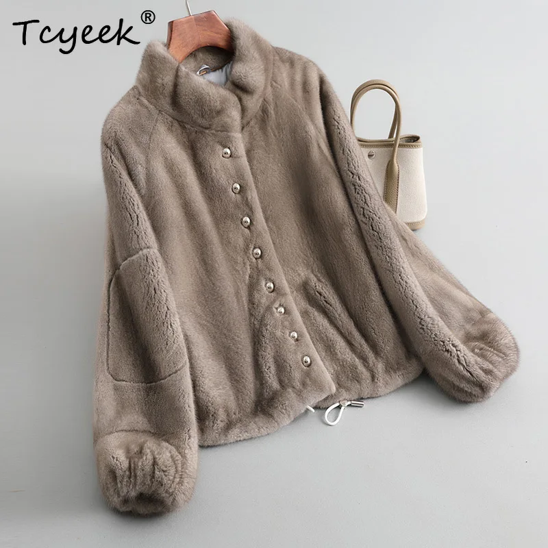 معطف فرو المنك الطبيعي من Tcyeek للنساء 2025 ملابس شتوية سترات نسائية من الفرو الحقيقي بياقة واقفة جديد في ملابس خارجية فورور فام